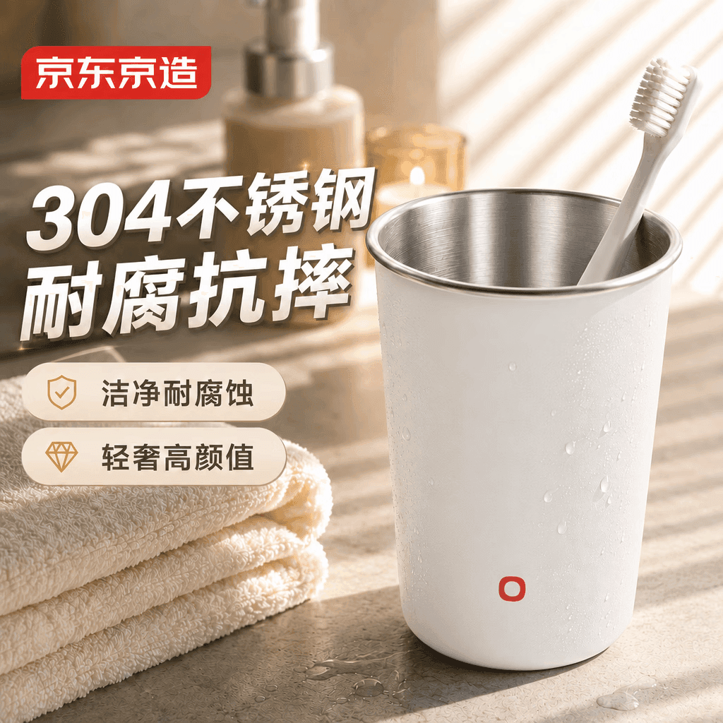 京东京造304不锈钢漱口杯 牙刷杯牙缸抗菌防霉杯子情侣家用 白色
