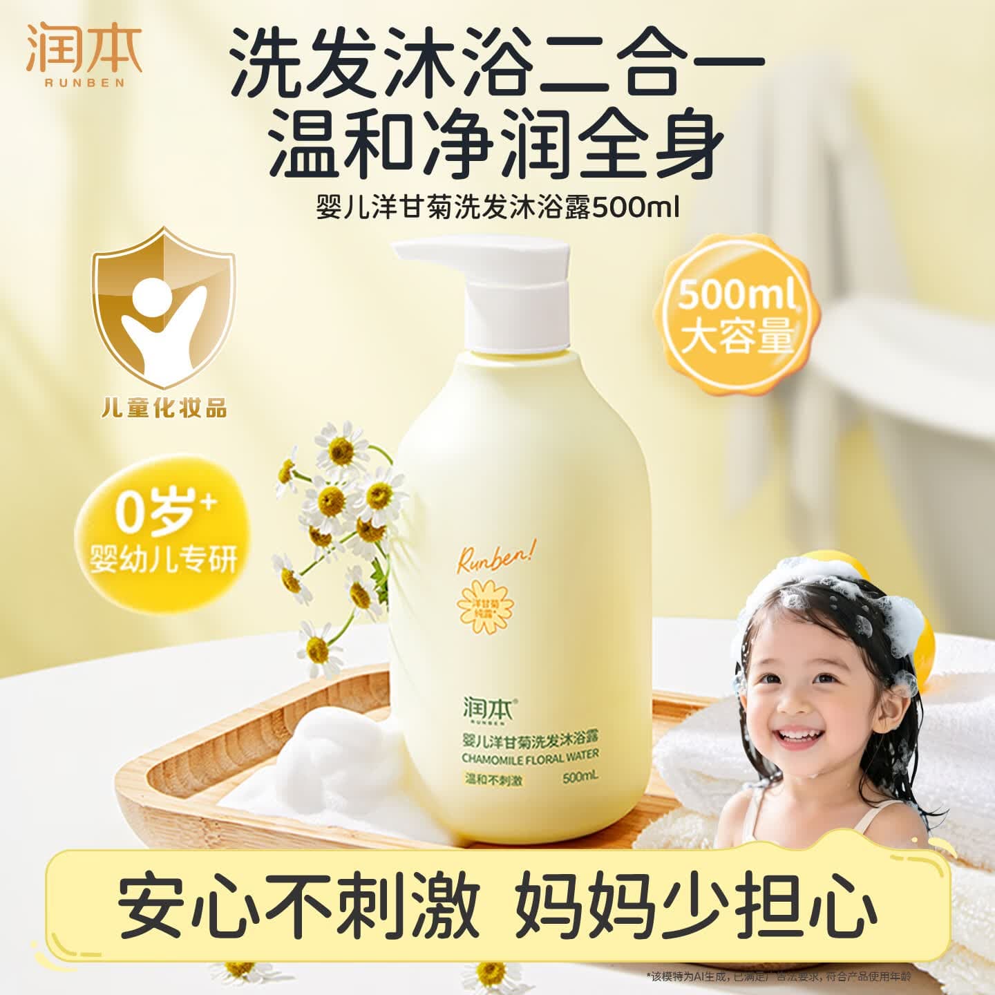 润本儿童婴儿宝宝洗发水沐浴露二合一洗沐洋甘菊500ml洗头洗澡0岁+