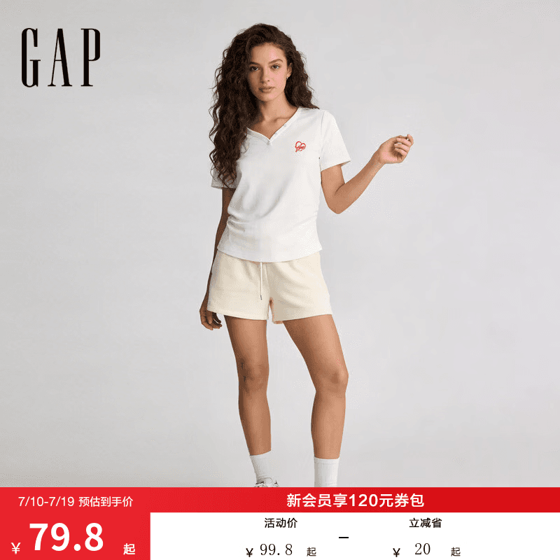 盖璞Gap女装2026春季新款纯棉logo刺绣V领爱心捏褶短袖上衣858936 白色 M (165/88A)亚洲尺码