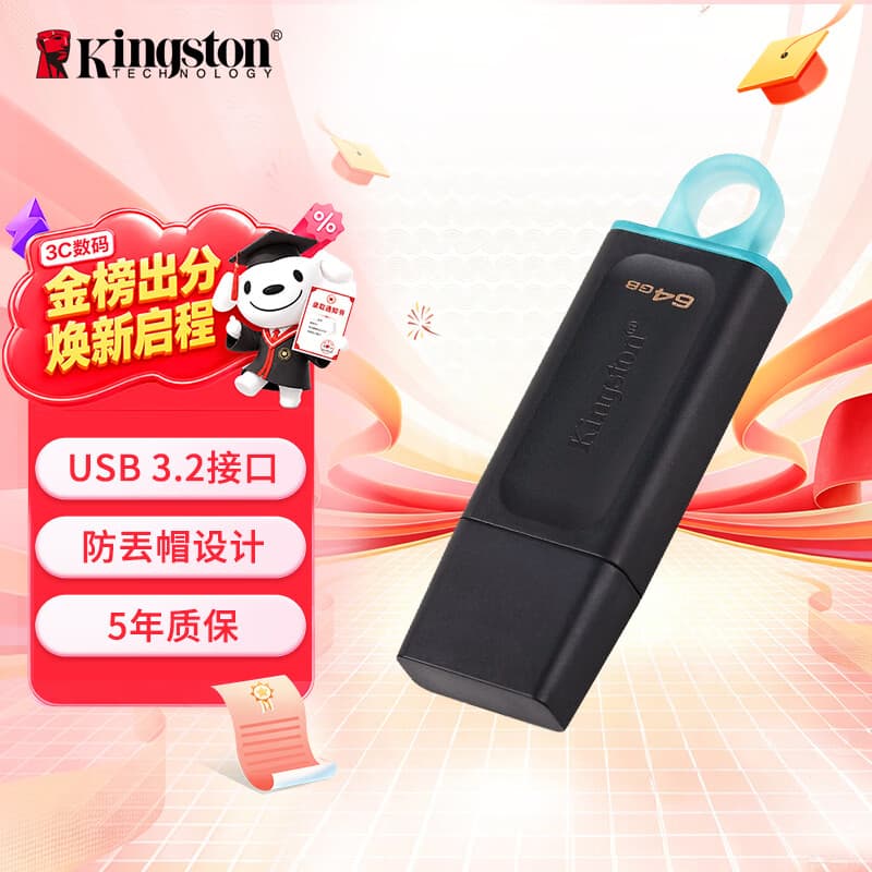 金士顿（Kingston）64GB USB3.2 Gen 1 U盘 DTX 大容量U盘 时尚设计 轻巧便携 学习办公投标电脑车载优盘