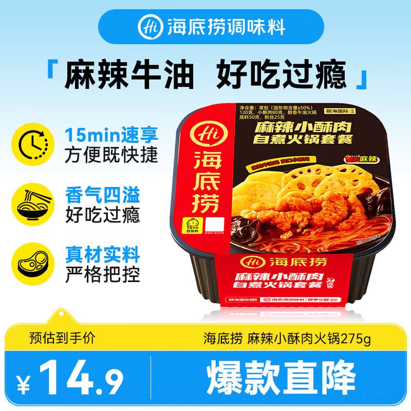 海底捞自热火锅 方便速食出游野餐便携无需热水 麻辣小酥肉火锅275g
