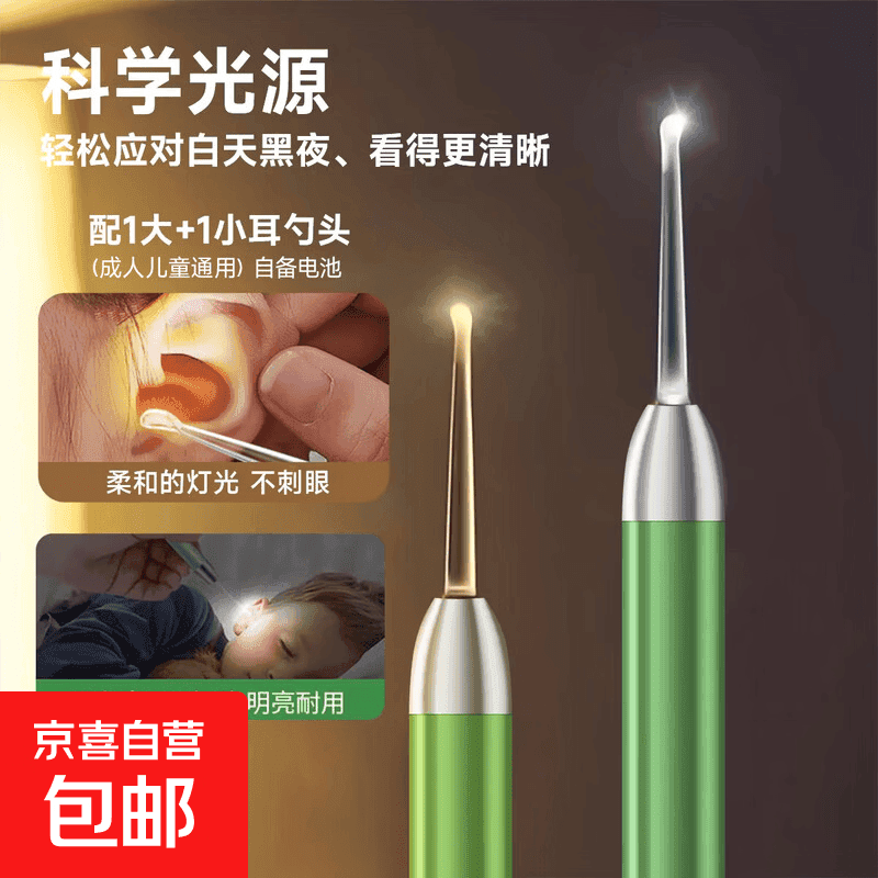 儿童大人发光挖耳勺软头带灯安全8倍放大镜可视宝宝成人专用掏耳神器 发光耳勺（配1大+1小耳勺头）不含电池