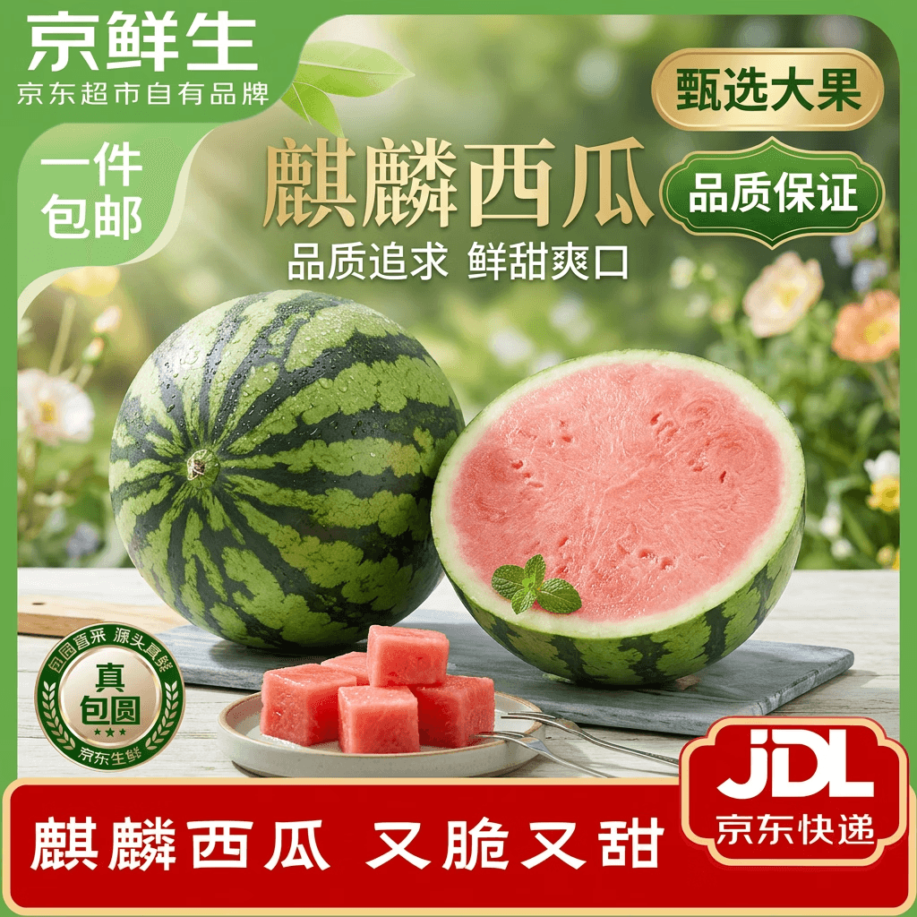 京鲜生 无籽麒麟西瓜 9-11斤 生鲜水果 源头直发