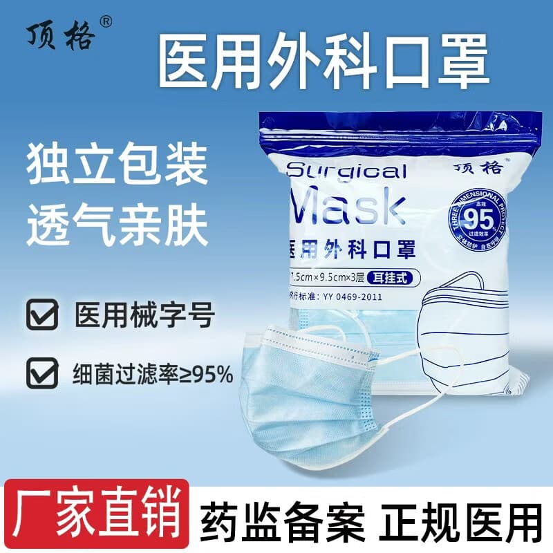 顶格医用外科口罩独立装一次性三层防护过滤成人医疗透气亲肤不勒耳 蓝色 成人款100只【独立装】