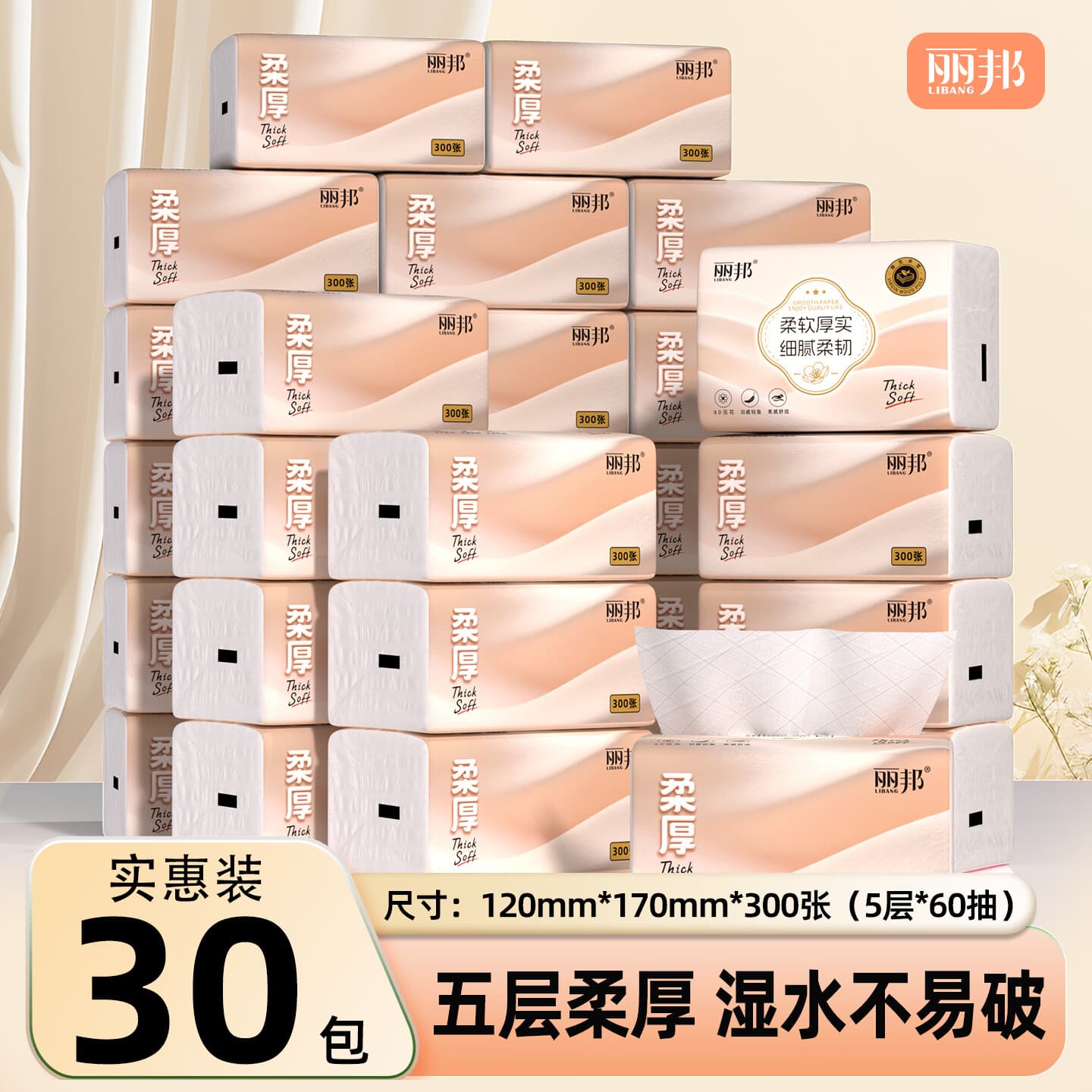 丽邦（Libang）抽纸纸巾整箱原生木浆母婴适用卫生纸餐巾纸抽面巾纸便携纸抽压花 【120*170】 5层 300张*30包
