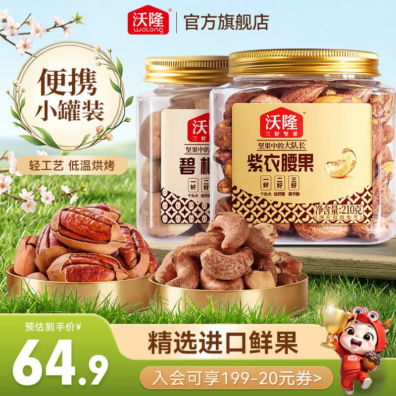 沃隆坚果紫衣腰果碧根果罐装坚果炒货休闲食品零食大礼包  【进口鲜果】210g紫衣腰果+211g碧根果