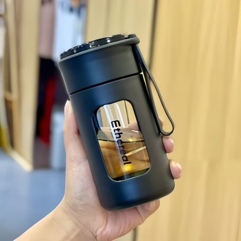 双层高猛硅玻璃杯便携提手水杯耐高温防摔茶水分离泡茶杯子 高品质便携杯【黑色款】（240ml）