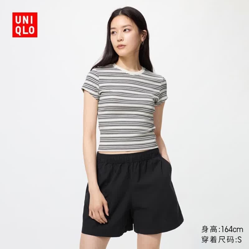 优衣库圆领短T恤/条纹女装26春夏新款483535 01 乳白色 L