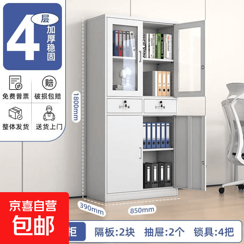 文件柜铁皮柜办公室资料柜档案柜带锁钢制储物柜家用收纳柜 中二斗文件柜 0.5mm