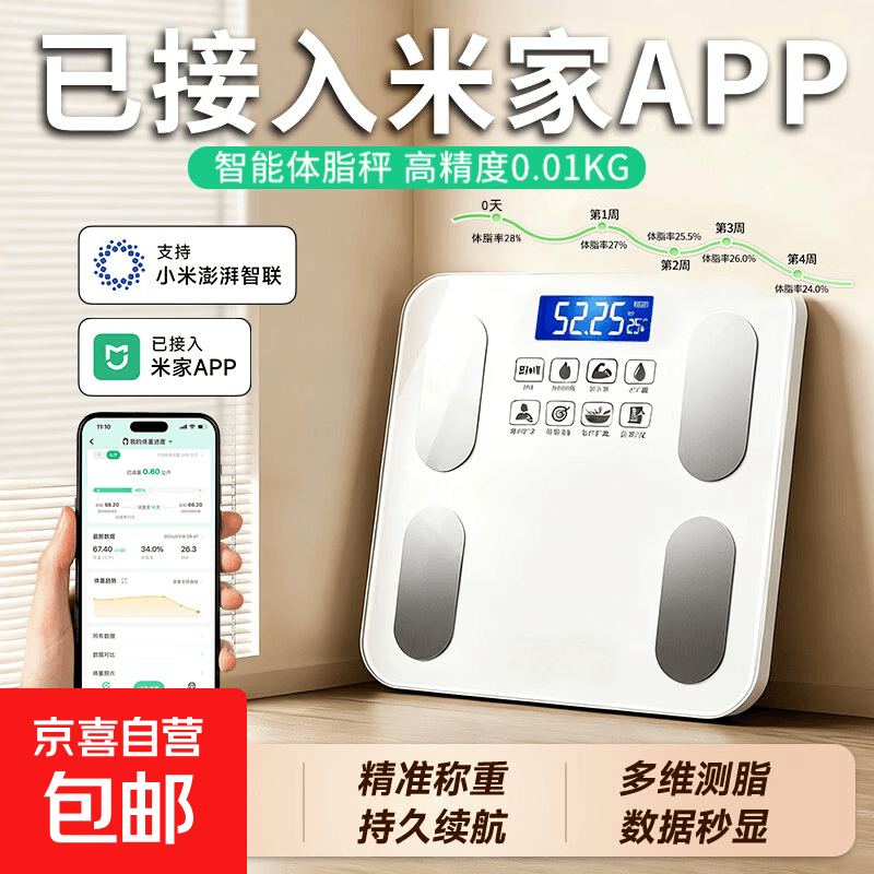 体重秤米家APP体脂秤电子秤称体重秤减肥专用智能精准体重宿舍家用减肥专用智联精准电子秤体重秤 【活动专用】米家APP体脂秤 充电 特厚钢化玻璃
