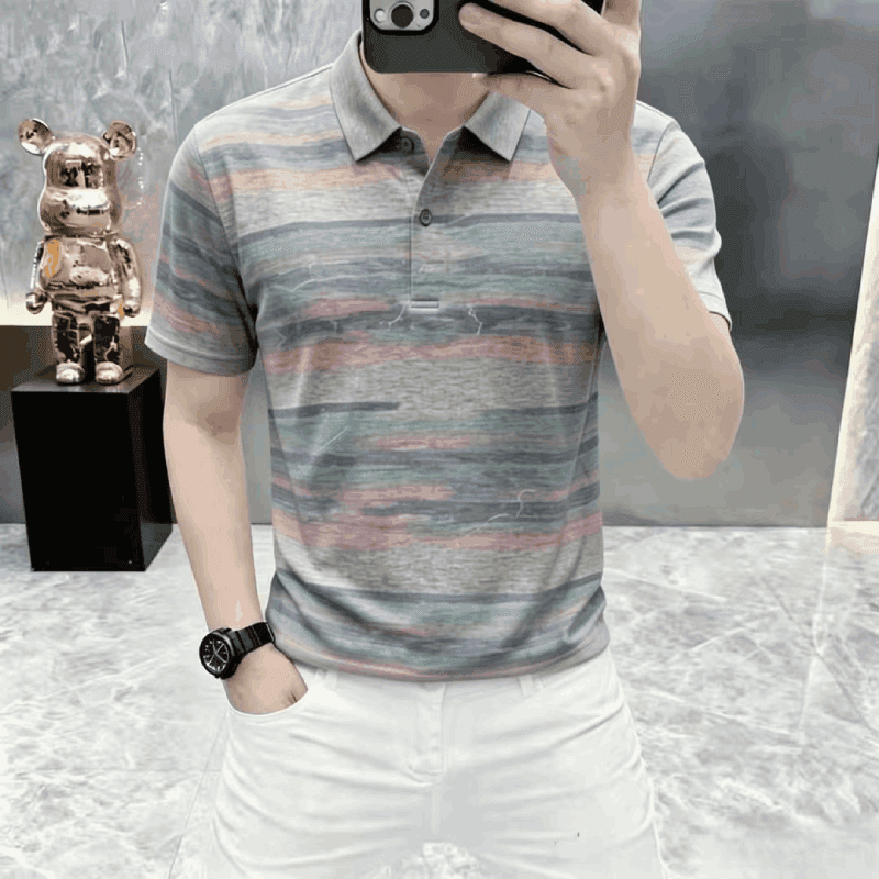 【高奢系列】夏季条纹短袖男士轻奢时尚潮流休闲百搭透气POLO衫J 浅蓝色 2XL 【建议145-160斤】