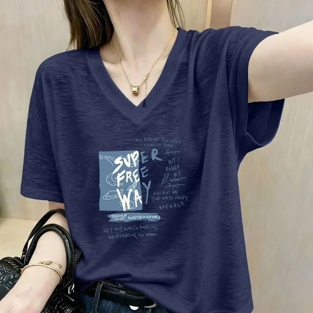 【专柜同款】夏季大码遮肉显瘦T恤微胖宽松V领短袖女透气上衣潮 藏青色 2XL 建议125-140斤