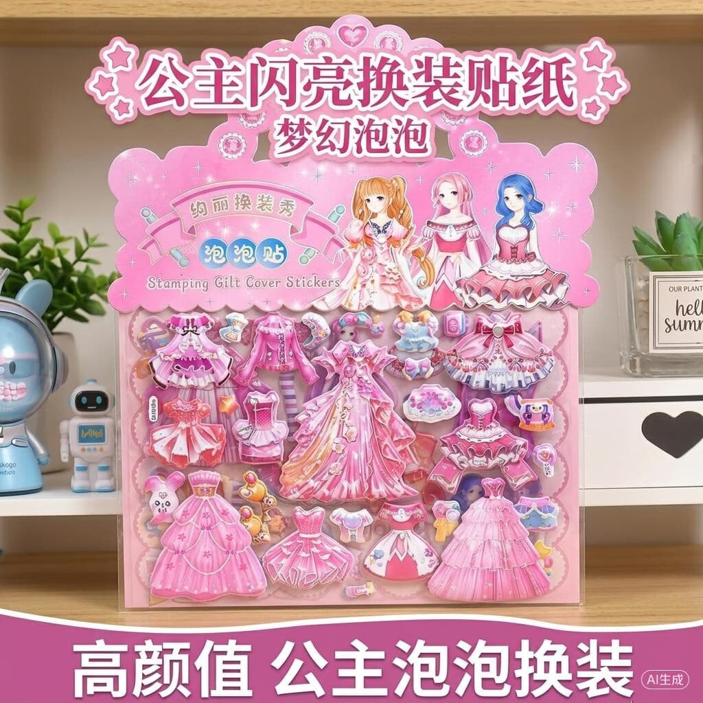 艾福儿儿童大号闪亮亮3D立体双层泡泡贴蕾丝公主娃娃换装贴纸书贴画 精美双层换装公主贴纸-粉色