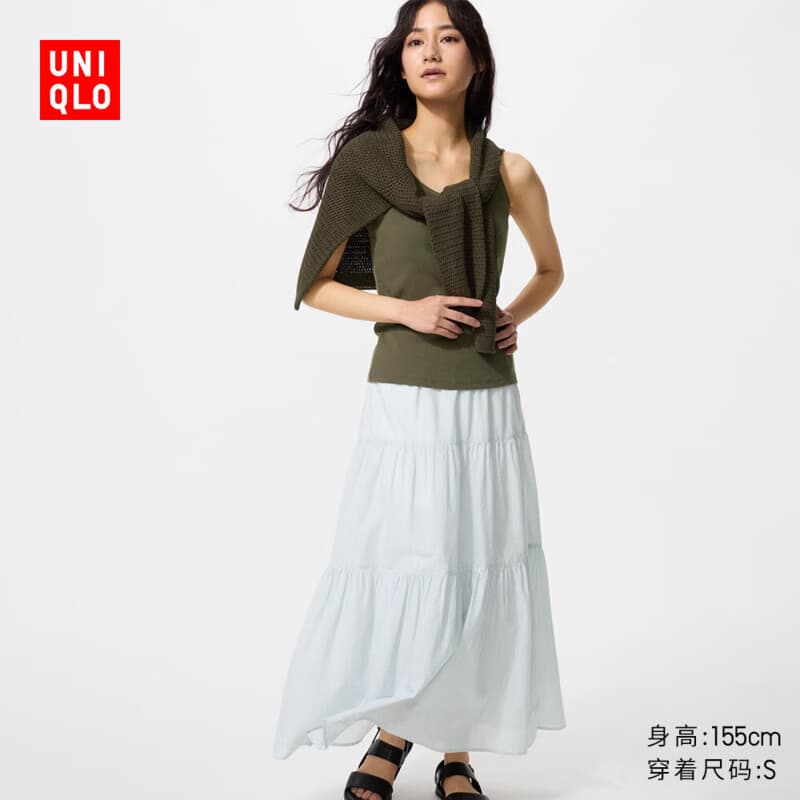 优衣库层叠长裙/常规款女装半身裙484820 484821  484821/62粉蓝色(条纹) S