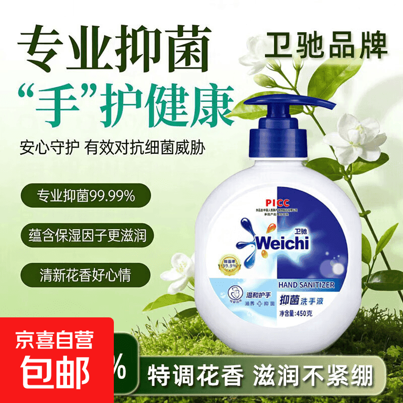 【爆品推荐】卫驰抑菌洗手液倍护滋润泡沫细腻清洁母婴可用按压式 450克*1瓶+1按压泵头【体验装】