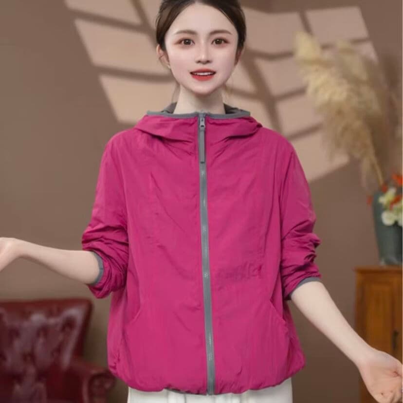 2026新款休闲时尚百搭连帽双面穿短外套上衣女秋夏季薄款 玫红双面 L 建议125-145斤