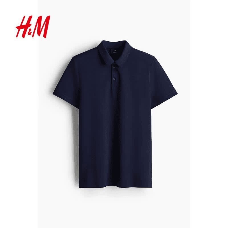 H&M男装Polo衫薄款正肩商务通勤风翻领时尚休闲短袖上衣0956343 海军蓝 M 175/100