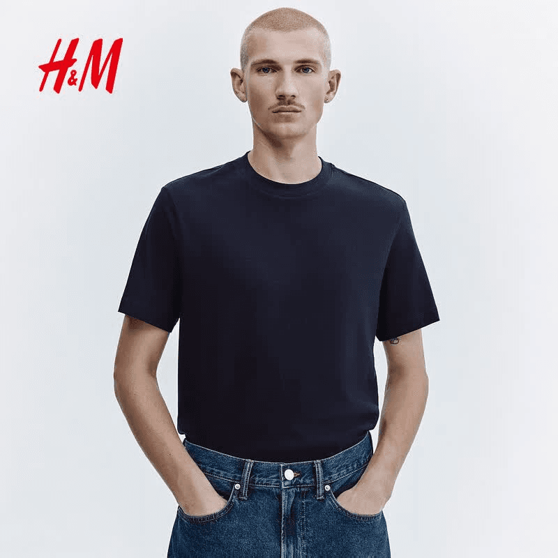 H&M男装女装T恤夏季透气圆领运动短袖内搭简约上衣正肩T恤0685816 海军蓝 XL 180/116