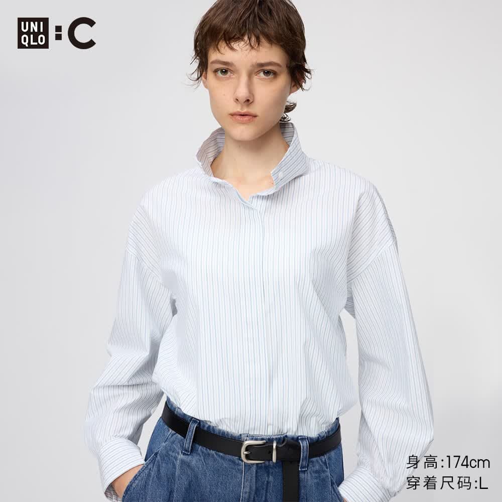 优衣库棉质立领条纹衬衫/长袖女装合作款/衬衣空调衫489451 01 乳白色 M
