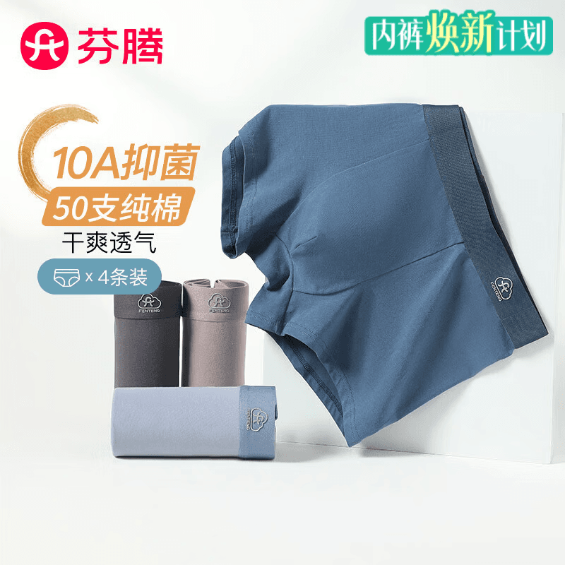 芬腾内裤男式内裤中腰10A简约平角内裤4条装 灰色/墨兰/灰紫/蓝色 4条 2XL
