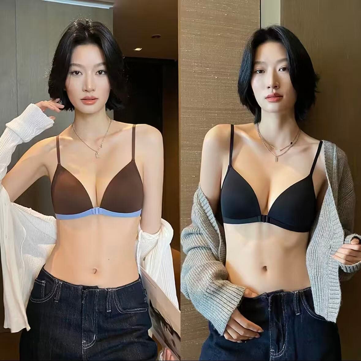 【买一送一】前扣内衣夏季薄款小胸微聚拢无钢圈收副乳性感无痕 可可蓝+黑色【两件装】 XL 【推荐38/85AB】