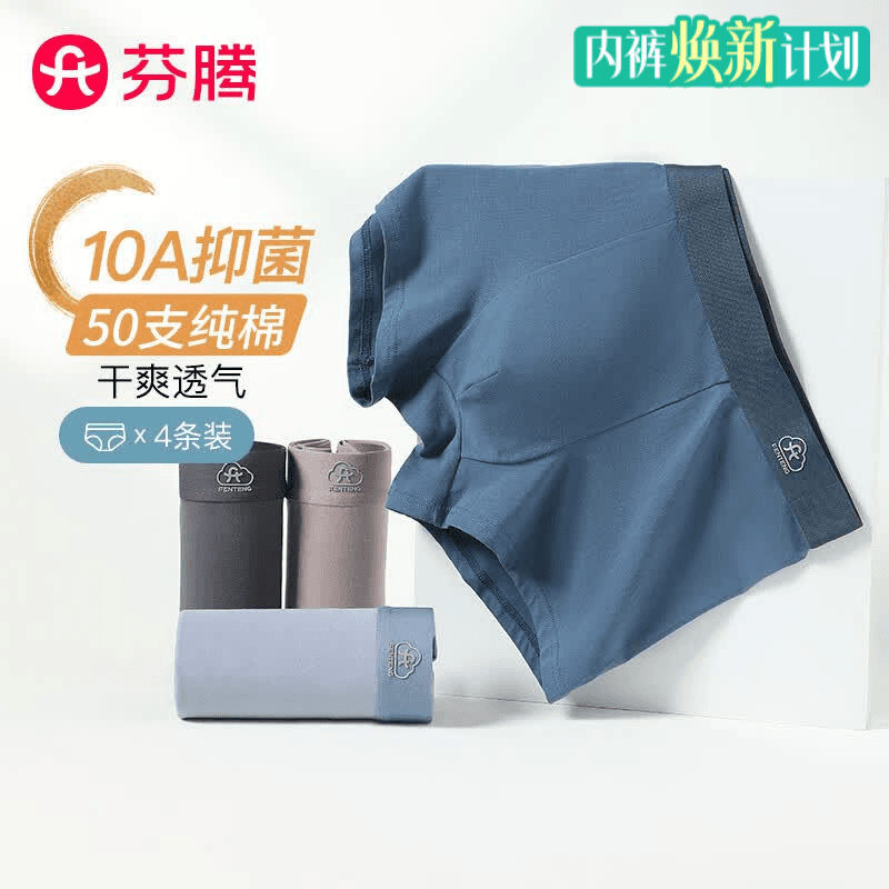 芬腾内裤男式年内裤10A抑菌纯棉底裆中腰简约平角内裤4条装父亲节礼物 灰色/墨兰/灰紫/蓝色 4条 2XL