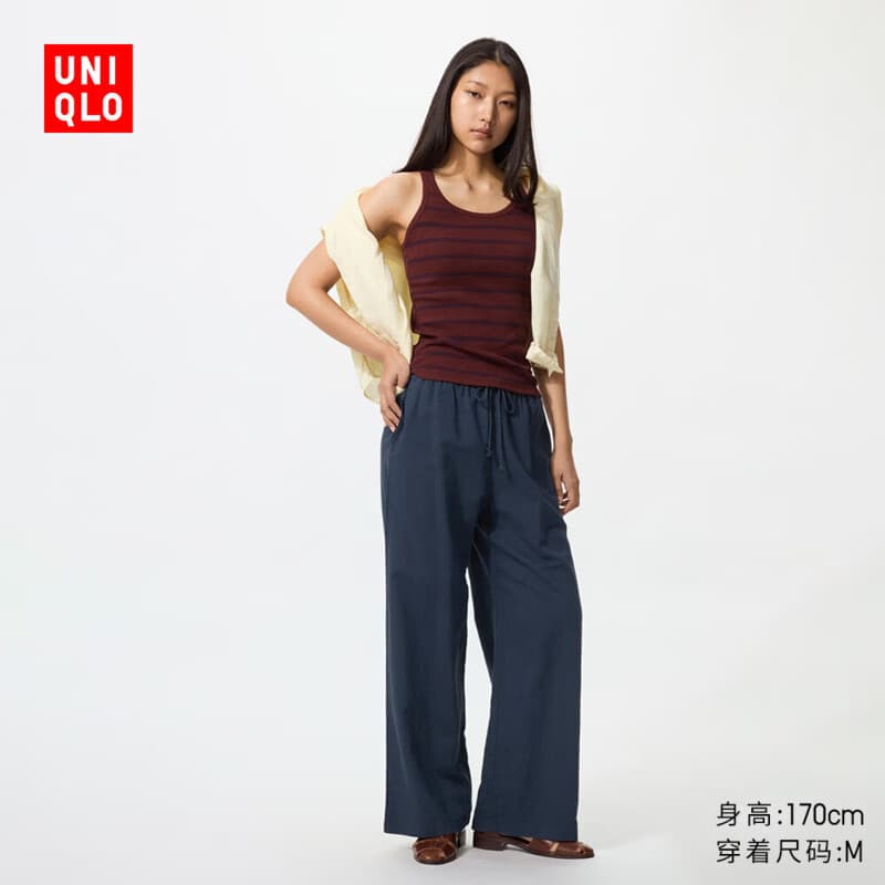 优衣库麻混纺舒适长裤/常规款女装/休闲裤26春夏新款482246 69 藏青色 L