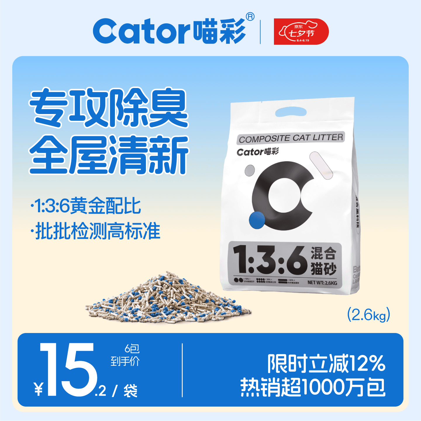喵彩豆腐猫砂除臭混合膨润土猫砂低粉尘易结团猫咪吸臭防臭京东专供 【回购划算】经典7倍除臭5.2斤*6包