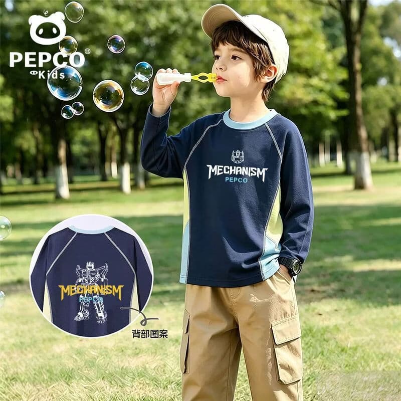 小猪班纳（PEPCO）男童长袖t恤2026秋季新款儿童打底衫秋装运动服青少年拼接体恤衫 藏蓝/X白面具+X机械白甲B 150 【推荐体重68-82斤】