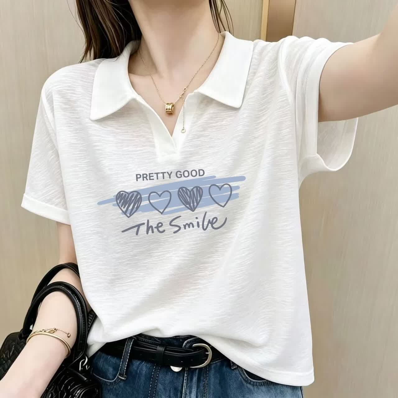 【专柜同款】竹节棉夏季新款POLO衫女短袖透气宽松遮肉翻领T恤衣 四个心【白色 2XL (建议120-130斤）