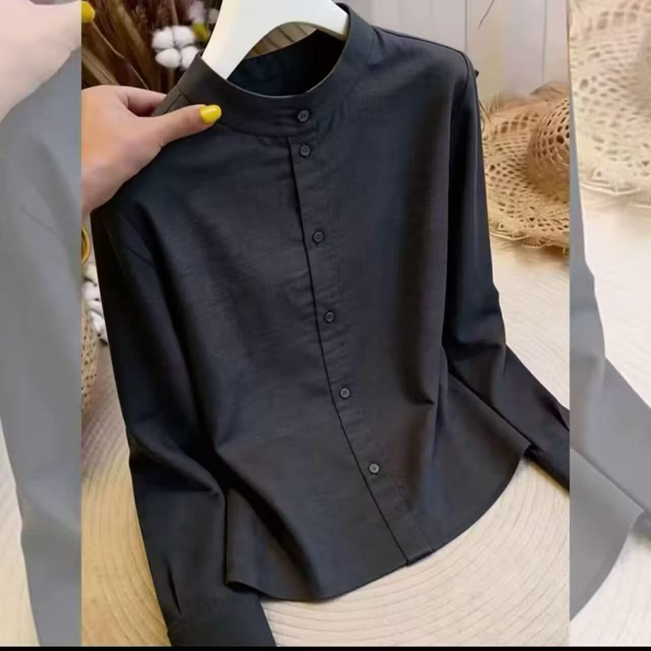 2026早秋新款韩式休闲风长袖立领衬衫女百搭显瘦上衣女CJF55 黑色 XL 【110-120斤】