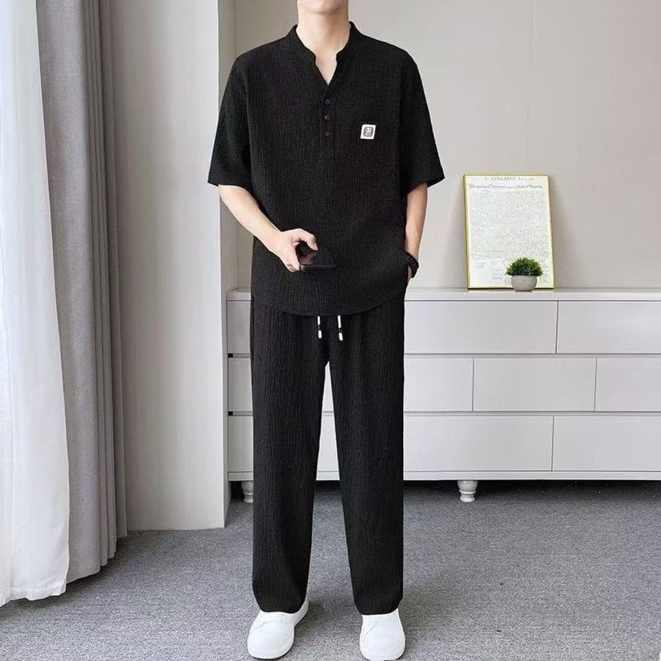 夏季新中式休闲套装男士V领宽松茶服短袖薄款皱感弹力两件套Z 灰色 2XL 【推荐体重140-160斤】