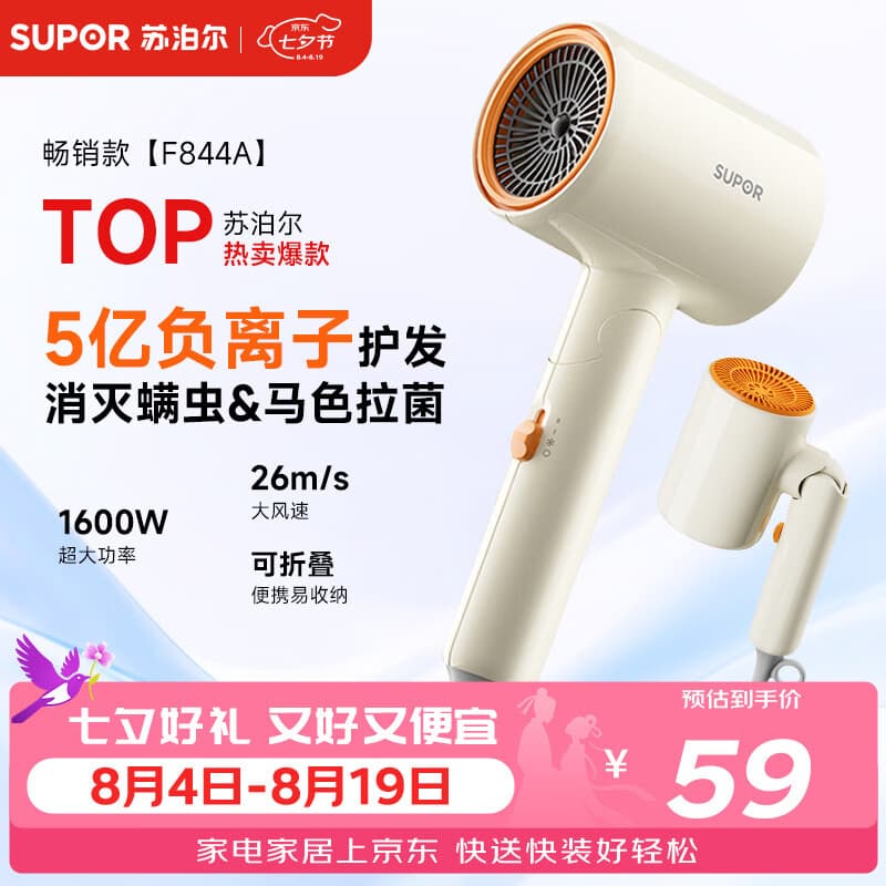 苏泊尔（SUPOR）5亿负离子护发电吹风机 可折叠大风力速干不伤发 智能控温家用学生宿舍风筒F844A 节日/生日礼物