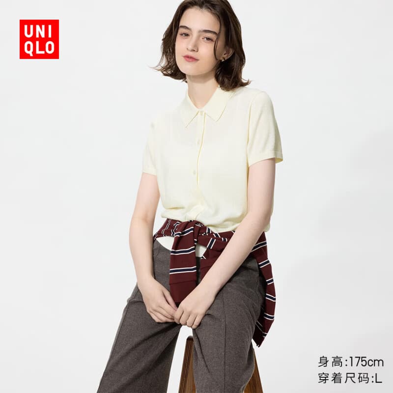 优衣库精纺美利奴羊毛混纺POLO领针织开衫/短袖女装T恤外套485307 01 乳白色 M