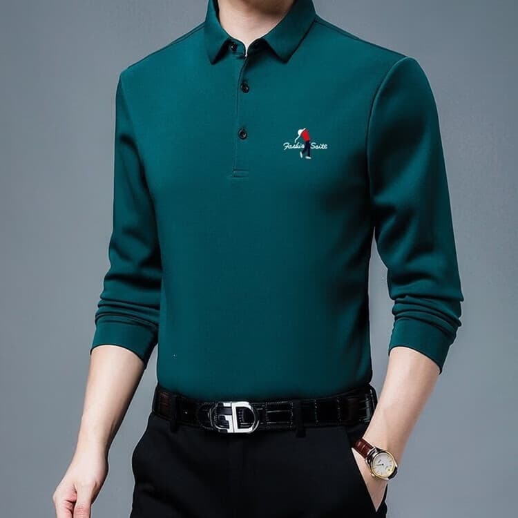 【买1送1】2026时尚翻领男士POLO衫绣标长袖T恤衫商务休闲男装 【买一送一】绿色两件装 4XL 【建议体重175-195斤】