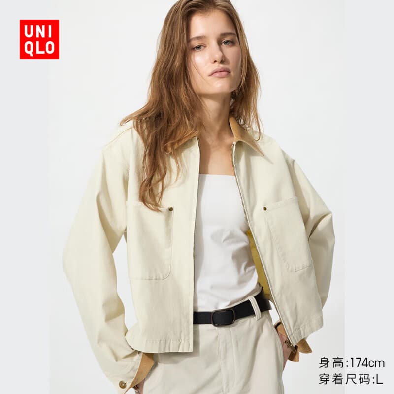 优衣库休闲拉链短茄克女装男装/外套夹克26秋冬新款487516 488787 487516/30浅米色 M