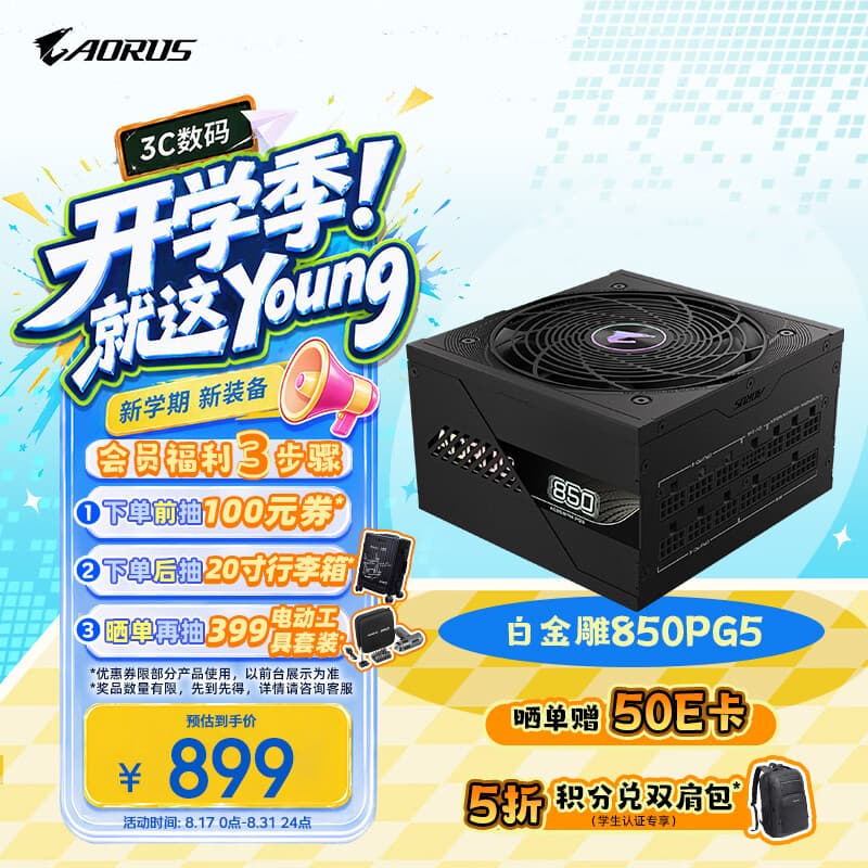 技嘉（GIGABYTE）白金雕 额定850W白金牌认证全模组电脑电源/ATX 3.1/PCIE5.1/原生16PIN/十年保障/支持50系列显卡
