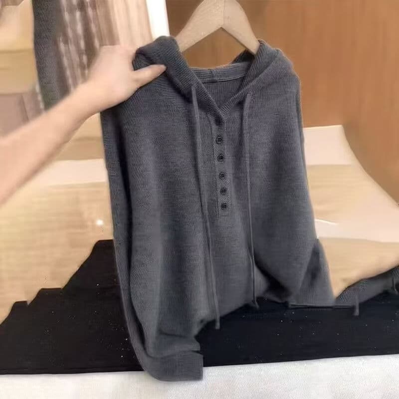 【早秋特惠】慵懒风连帽针织衫宽松显瘦气质通勤穿搭毛衣上衣女 灰色 L 【120-150斤】