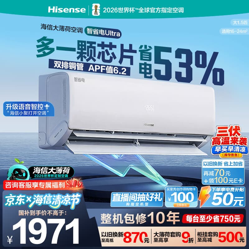 海信空调智省电ultra大薄荷大1.5匹一级冷暖挂机外机双排纯铜管世界杯定制KFR-35GW/A330UPro-X1（白）