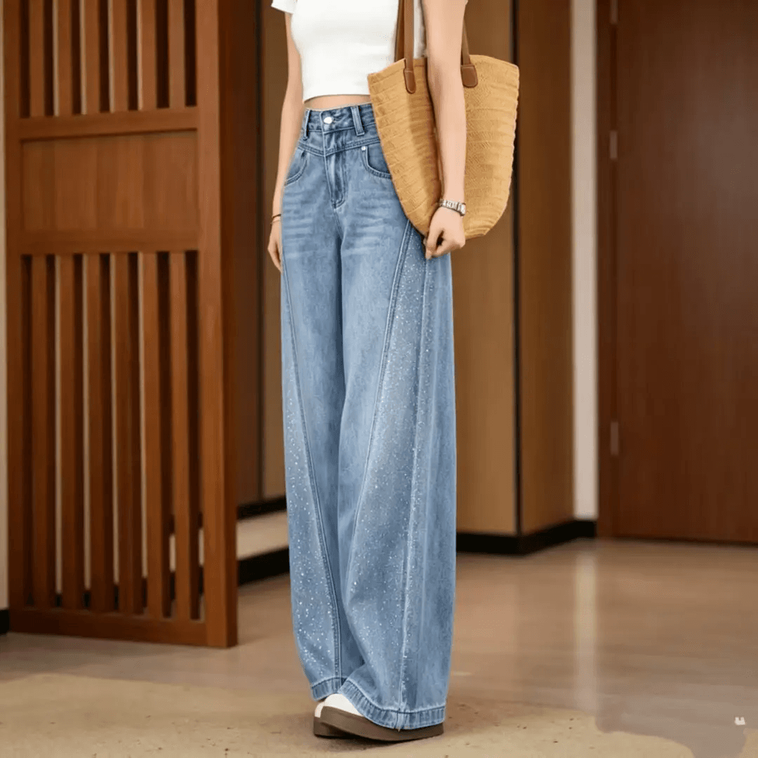 烫钻阔腿牛仔裤女2026夏季新款高腰显瘦直筒裤子 浅蓝色 28 建议105-115斤