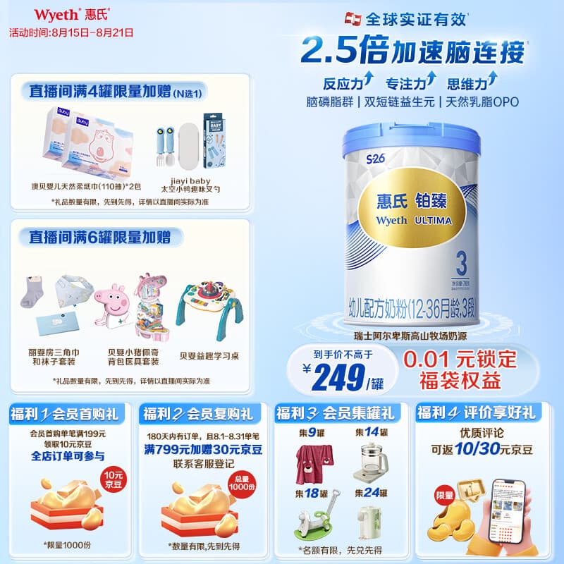 惠氏（Wyeth）铂臻幼儿配方奶粉3段（12-36月）780g 进口DHA 脑磷脂群
