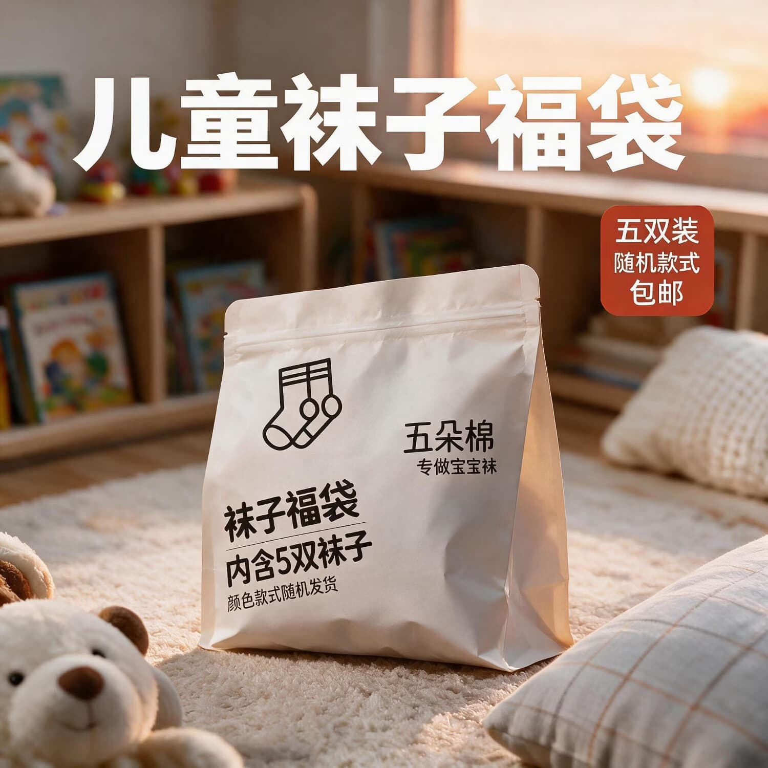 五朵棉【特惠清仓】福袋5双儿童袜子四季婴幼儿无骨缝头袜子福袋 女冬-福袋 5双 9-12岁