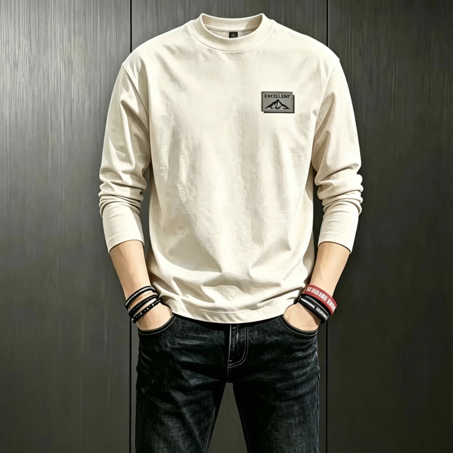 【买一发三】轻奢定制 男士秋冬长袖圆领印花T恤打底衫卫衣 卡其色+黑色+藏蓝色 XL （建议135-150斤）