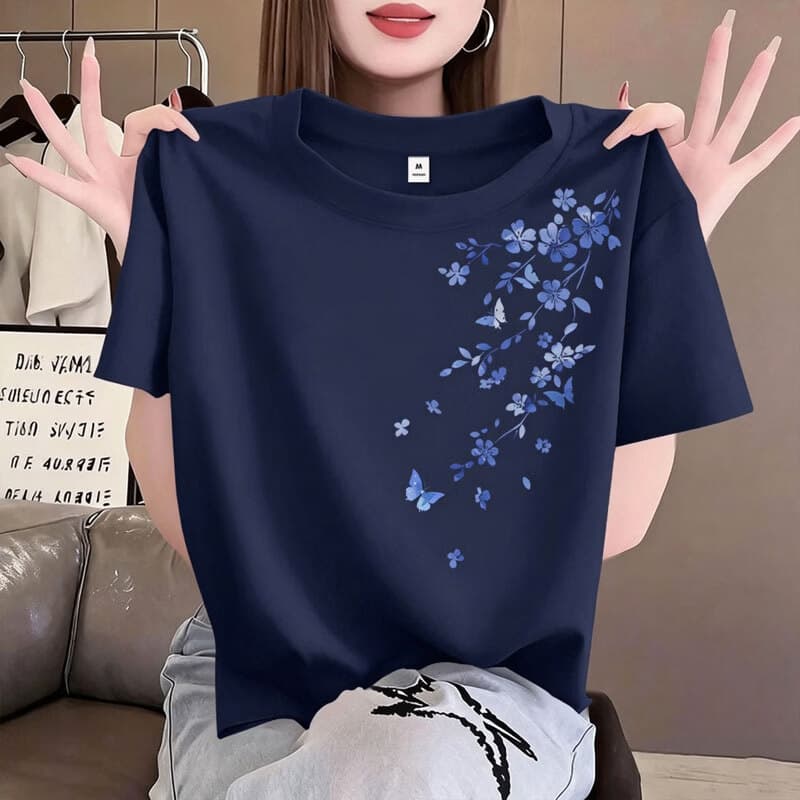 藏青棉短袖T恤女2026新款宽松显瘦百搭半袖设计感上衣C 藏青色【100%纯棉】 L 【建议130-150斤】