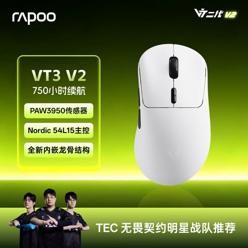 雷柏（Rapoo）VT3 V2版 中大手无线/有线双模游戏鼠标 轻量化PAW3950引擎三角洲行动fps吃鸡电竞 黑白