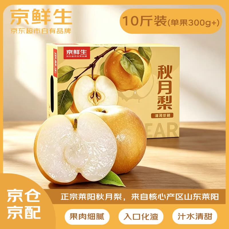 京鲜生正宗山东莱阳秋月梨 大果净重10斤礼盒装 单果300g+ 应季新果水果