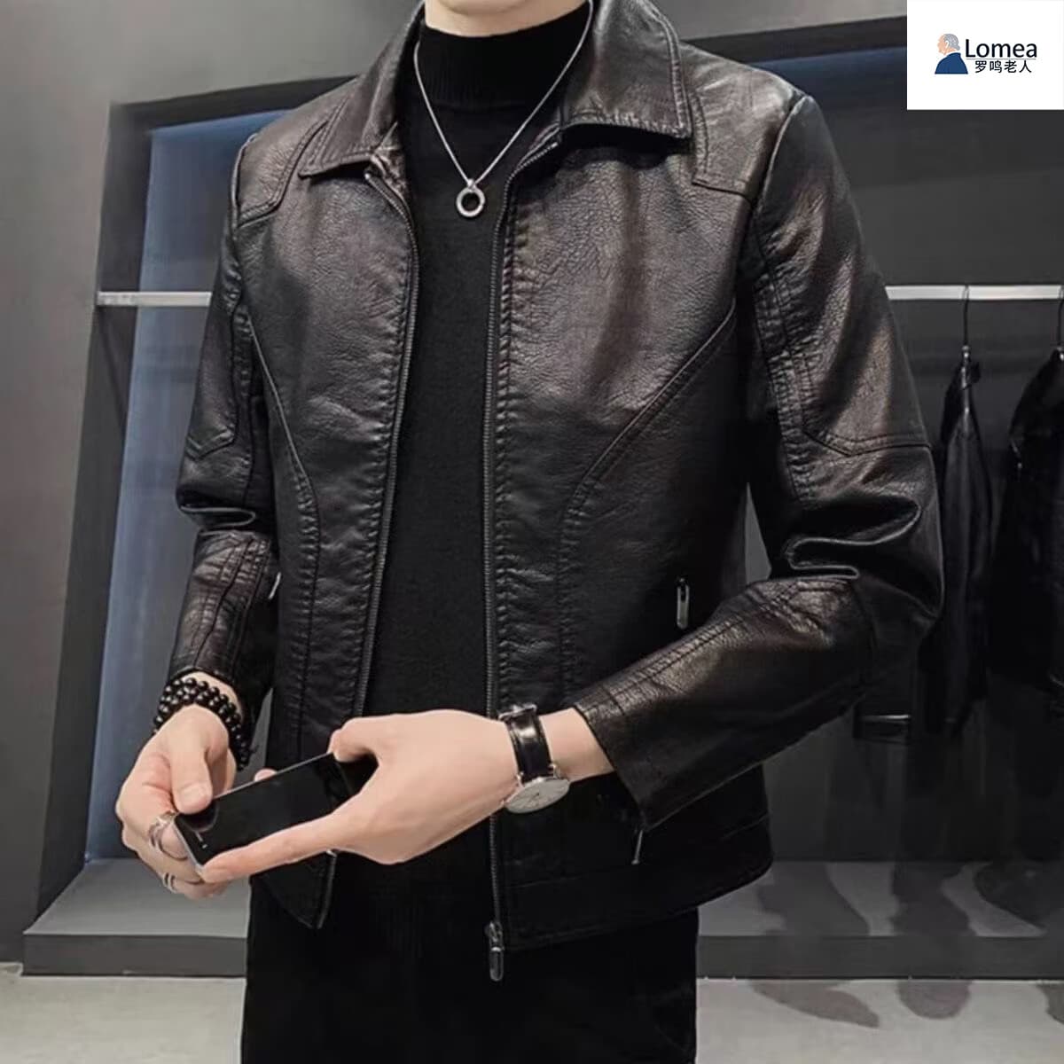 罗鸣老人【轻奢正品】男士秋冬季机车皮夹克时尚潮流痞帅外套潮牌上衣男sp 黑色 XL （建议125-140斤）