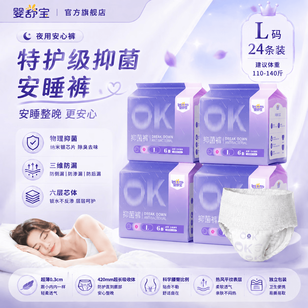婴舒宝月经安睡裤医护级抑菌安心裤防漏经期裤产后专用日用卫生巾 L 24条 110-140斤 【纳米安睡裤4包组】