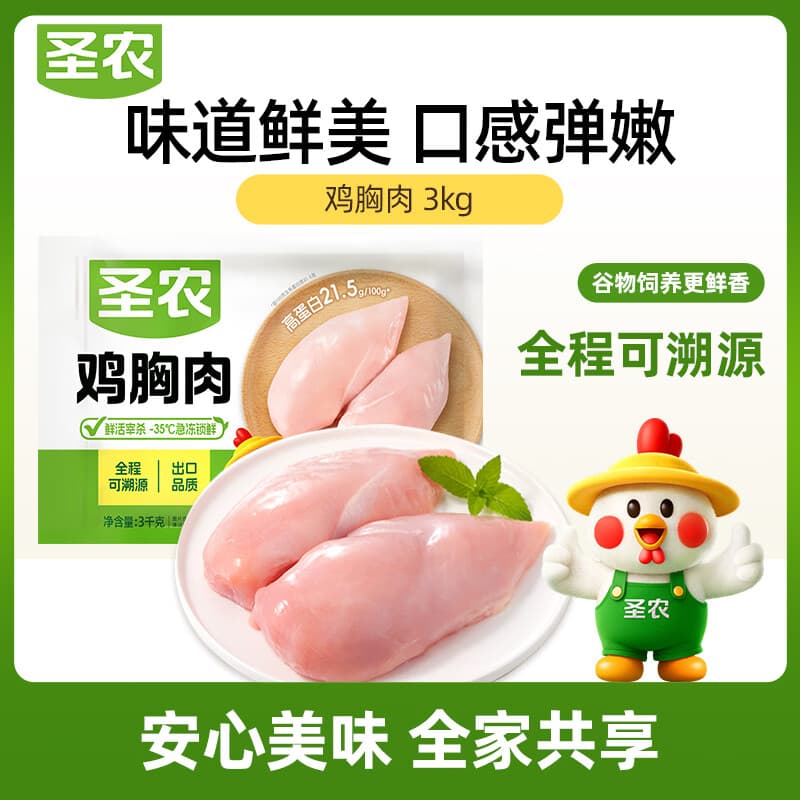 圣农鸡胸肉6斤 冷冻鸡大胸 低脂健身 鸡肉早餐鸡排【美食大赛同款】