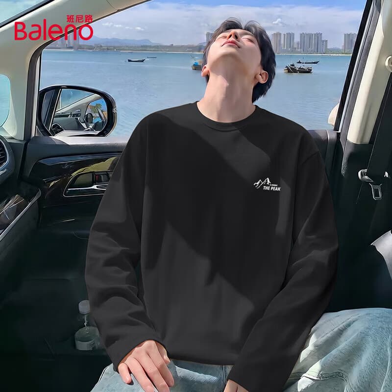 班尼路（Baleno）春秋季新款重磅纯棉长袖T恤衫男柔软舒适宽松圆领显瘦百搭打底衫 【纯棉】-黑#JPB攀登高峰 XL